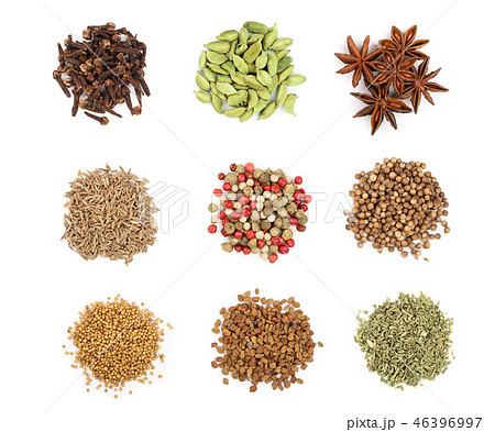 mix of spices isolated on a white background. Top view. Flat lay. Set or collection 46396997