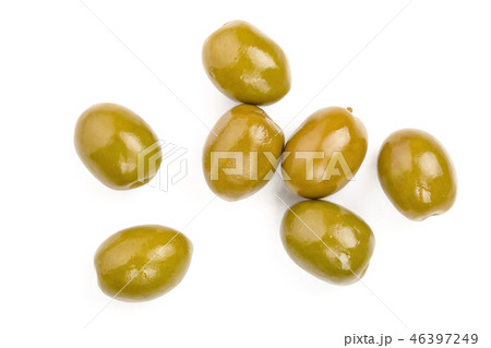 Green olives isolated on a white background. Top view. Flat lay Green olives isolated on a white background. Top view. Flat lay 46397249