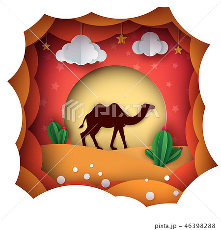 Cartoon paper landscape. Camel illustration. 46398288