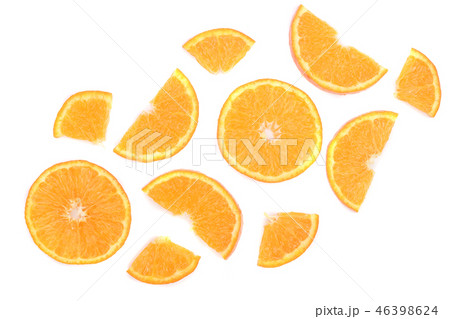 Slices of orange or tangerine isolated on white background. Flat lay, top view. Fruit composition 46398624