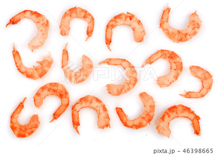 Red cooked prawn or shrimp isolated on white background. Top view. Flat lay Red cooked prawn or shrimp isolated on white background. Top view. Flat lay 46398665