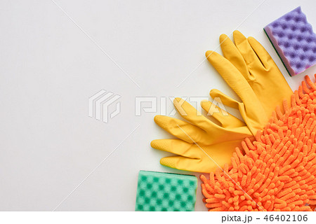 Floor cleaning tools. Broom and dustpan and other items isolated Floor cleaning tools. Broom and dustpan and other items isolated 46402106