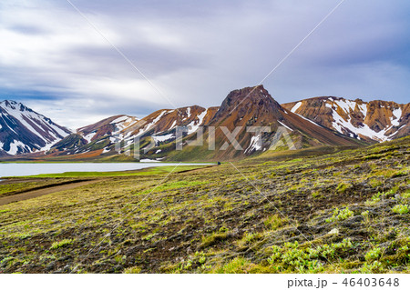 View of multicolored mountain with volcanic lake View of multicolored mountain with volcanic lake 46403648