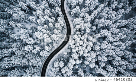 Curvy windy road in snow covered forest, top down Curvy windy road in snow covered forest, top down 46410802