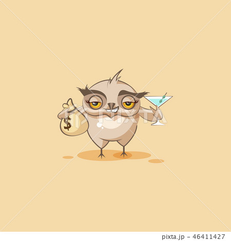 owl sticker emoticon with bag of money - Stock Illustration