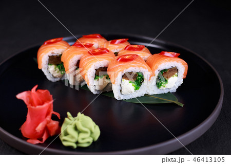 sushi with tamago omelet, chuka and cream cheese sushi with tamago omelet, chuka and cream cheese 46413105