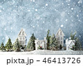 Frosty winter wonderland forest with snowfall, houses and trees. Christmas greetings concept 46413726