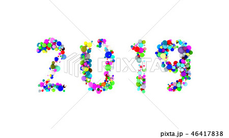 Happy New year 2019 word lettering made with colorful spheres floating and isolated on white Happy New year 2019 word lettering made with colorful spheres floating and isolated on white 46417838
