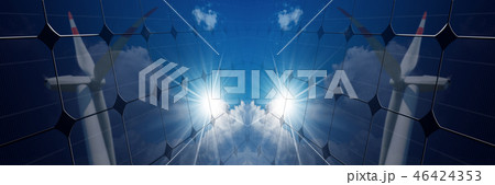 Solar panel with the reflection of a wind turbine 46424353