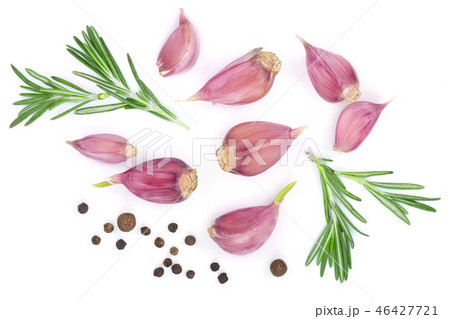 garlic with rosemary and peppercorn isolated on white background. Top view. Flat lay pattern garlic with rosemary and peppercorn isolated on white background. Top view. Flat lay pattern 46427721
