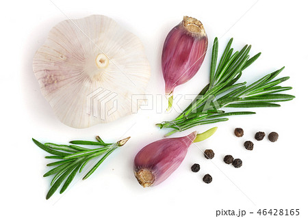 garlic with rosemary and peppercorn isolated on white background. Top view. Flat lay pattern garlic with rosemary and peppercorn isolated on white background. Top view. Flat lay pattern 46428165