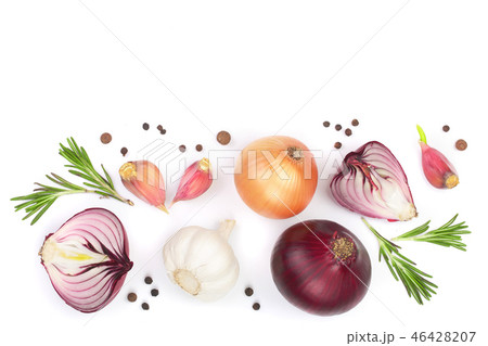 red onions, garlic with rosemary and peppercorns isolated on a white background with copy space for red onions, garlic with rosemary and peppercorns isolated on a white background with copy space for 46428207