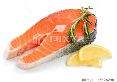 Slice of red fish salmon with lemon and rosemary isolated on white background Slice of red fish salmon with lemon and rosemary isolated on white background 46428290