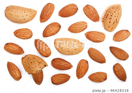 almonds isolated on white background. Top view. Flat lay pattern almonds isolated on white background. Top view. Flat lay pattern 46428316