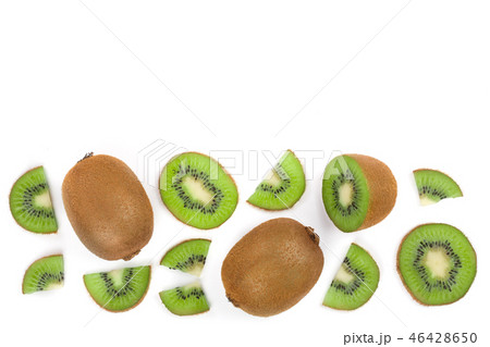 Kiwi fruit with slices isolated on white background with copy space for your text. Top view. Flat 46428650