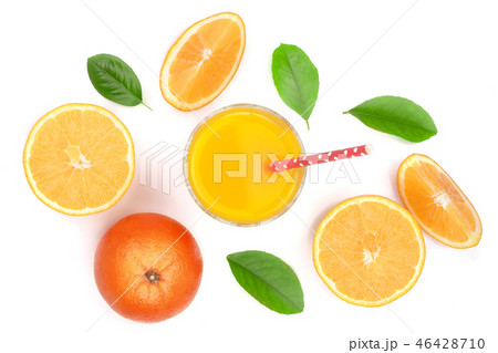 orange juice glass with slices of citrus and green leaves isolated on white background, top view 46428710