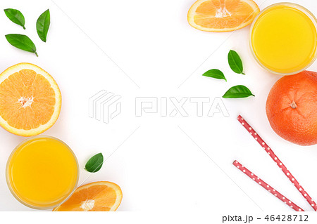 orange juice glass with slices of citrus and leaves isolated on white background with copy space for orange juice glass with slices of citrus and leaves isolated on white background with copy space for 46428712