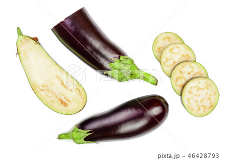 eggplant or aubergine isolated on white background. Top view. Flat lay pattern eggplant or aubergine isolated on white background. Top view. Flat lay pattern 46428793