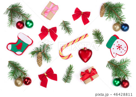 Christmas background with fir branches and decoration isolated on white background. Top view. Flat Christmas background with fir branches and decoration isolated on white background. Top view. Flat 46428811