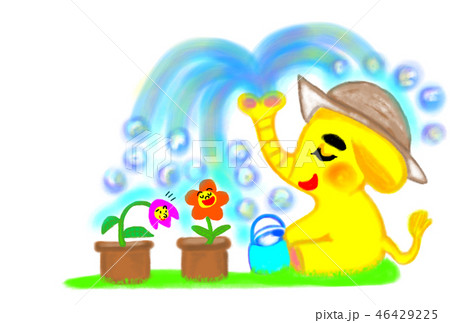 暑い日に植木鉢の花に水をあげる黄色いゾウのイラスト のイラスト素材