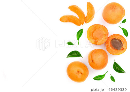 Apricot fruits with leaves isolated on white background with copy space for your text. Top view 46429329