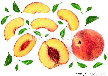ripe peaches with leaves isolated on white background. Top view. Flat lay pattern 46429372