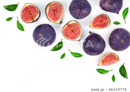 fig fruits with leaves isolated on white background with copy space for your text. Top view. Flat 46429776