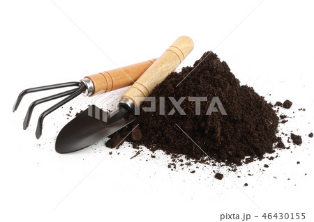garden tools in soil isolated on white background 46430155