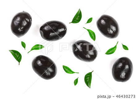 whole black olives isolated on white background. Top view. Flat lay pattern 46430273