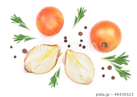 onions with rosemary and peppercorns isolated on a white background. Top view. Flat lay onions with rosemary and peppercorns isolated on a white background. Top view. Flat lay 46430323