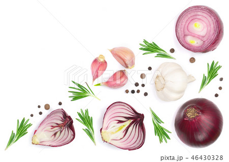 red onions, garlic with rosemary and peppercorns isolated on a white background with copy space for 46430328