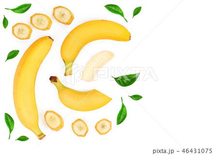 whole and sliced bananas isolated on white background with copy space for your text. Top view. Flat whole and sliced bananas isolated on white background with copy space for your text. Top view. Flat 46431075