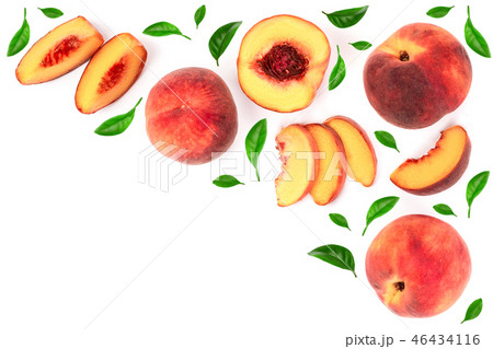 ripe peaches with leaves isolated on white background with copy space for your text. Top view. Flat 46434116