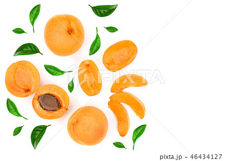 Apricot fruits isolated on white background with copy space for your text. Top view. Flat lay Apricot fruits isolated on white background with copy space for your text. Top view. Flat lay 46434127