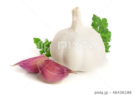 garlic with parsley leaf isolated on white background garlic with parsley leaf isolated on white background 46436286
