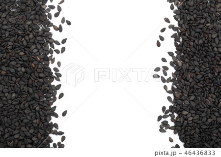Black sesame seeds with copy space for your text isolated on white background top view Black sesame seeds with copy space for your text isolated on white background top view 46436833