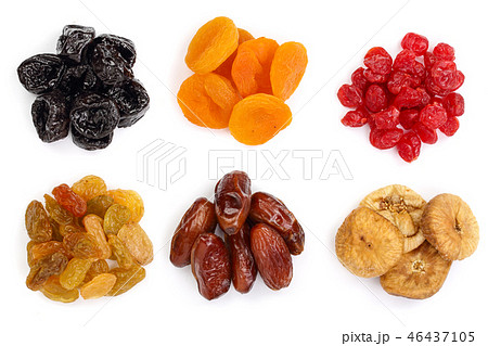 Set of dried fruits isolated on white background. Top view. Flat lay Set of dried fruits isolated on white background. Top view. Flat lay 46437105