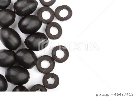 whole and sliced black olives isolated on white background with copy space for your text. Top view 46437415