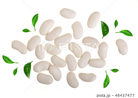 White kidney beans decorated with green leaves isolated on white background close up. Top view 46437477