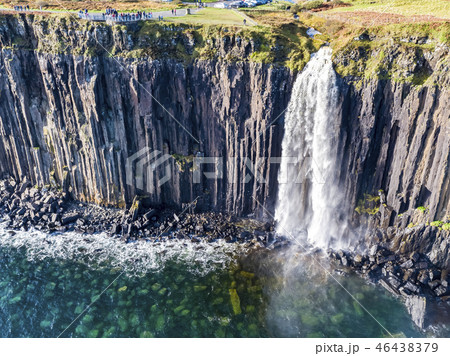 Aerial view of the dramatic coastline at the cliffs by Staffin with the famous Kilt Rock waterfall - Aerial view of the dramatic coastline at the cliffs by Staffin with the famous Kilt Rock waterfall - 46438379