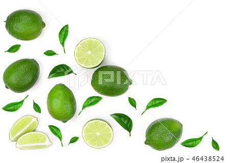 sliced lime vith leaves isolated on white background with copy space for your text. Top view. Flat sliced lime vith leaves isolated on white background with copy space for your text. Top view. Flat 46438524