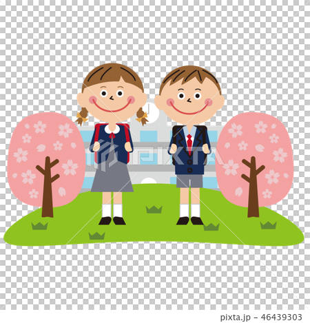 紺の制服の男の子と女の子の入学式 背景学校と桜のイラスト素材