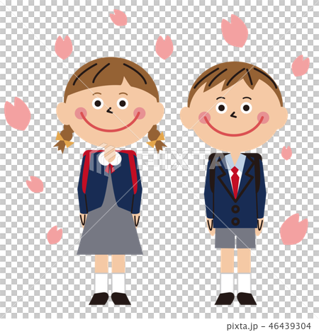 紺の制服の男の子と女の子の入学式 背景桜の花びらのイラスト素材