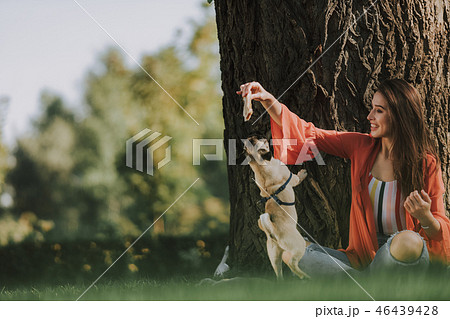 Smiling girl is playing with her dog Smiling girl is playing with her dog 46439428