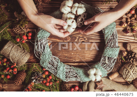 Nature wreath making top view on the table Nature wreath making top view on the table 46440675