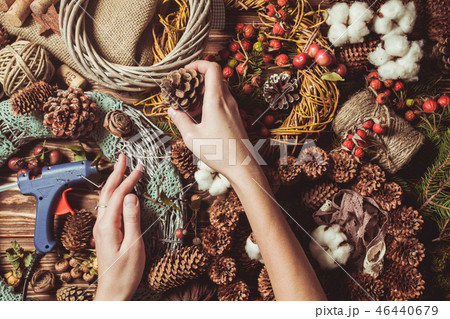 Nature wreath making top view on the table Nature wreath making top view on the table 46440679