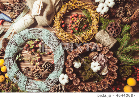 Nature wreath making top view on the table Nature wreath making top view on the table 46440687