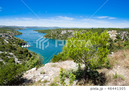 Top view landscape with mountains and river at Krka National park, Croatia. 46441305