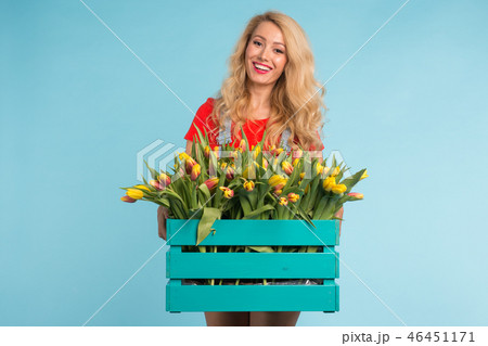 Happy caucasian blonde woman florist laughing and holding big box of tulips on blue background Happy caucasian blonde woman florist laughing and holding big box of tulips on blue background 46451171