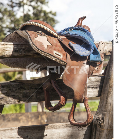 Saddle and saddle-cloth on a timber frame 46452925